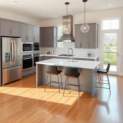 Modern Annapolis kitchen with sleek matte cabinetry stainless appliances quartz countertops a spacious island and hardwood flooring