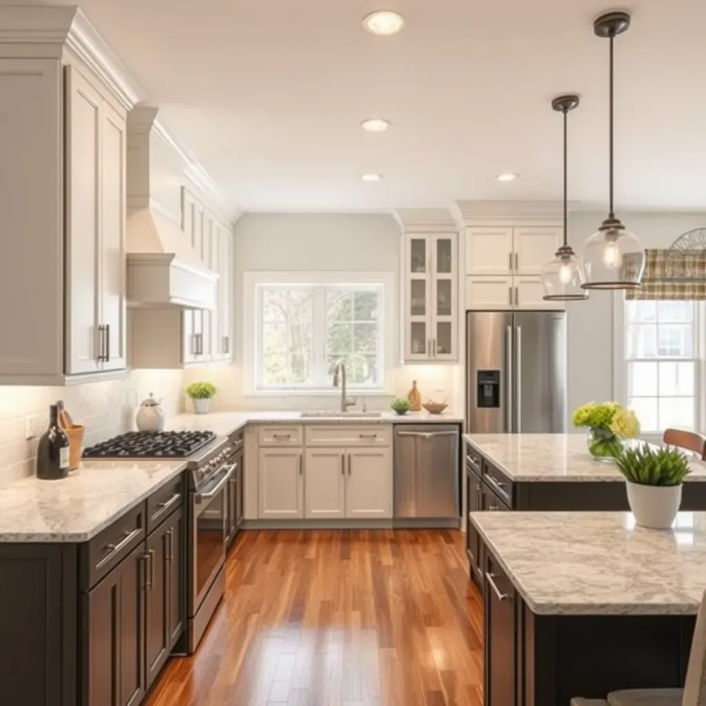 Kitchen remodel in Ijamsville, MD featuring quartz countertops, white cabinetry, stainless appliances, and a central island.
