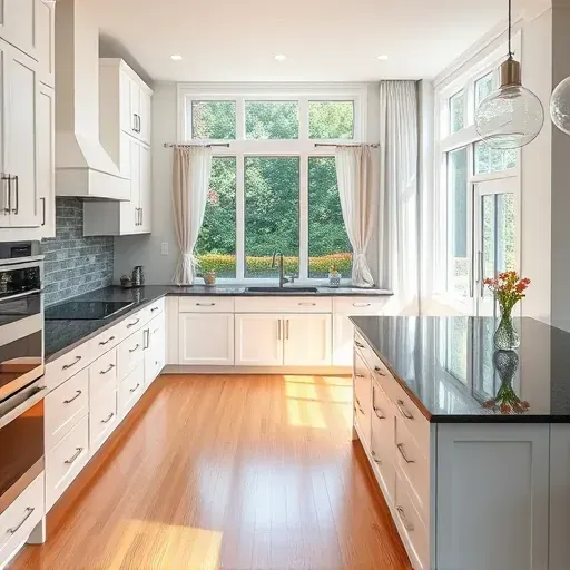 Modern kitchen remodel in Myersville MD with sleek white cabinetry, dark granite counters, and polished hardwood floors.