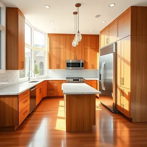 Modern Pasadena kitchen with warm wood cabinetry, granite countertops, natural light, and high-end appliances.
