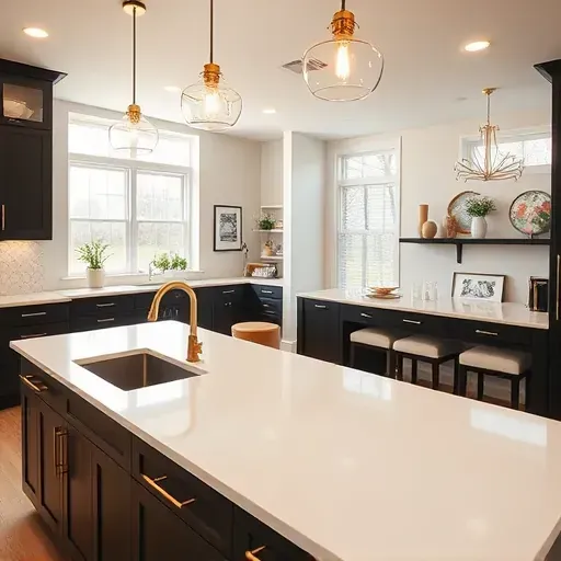 Modern kitchen remodel in Fallston MD with black cabinetry, gold accents, white quartz island, and bright pendant lights.