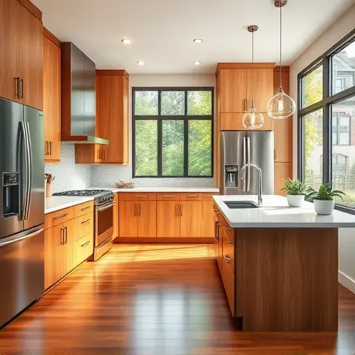 Remodeled kitchen in Pasadena MD featuring modern cabinetry, quartz countertops, stainless steel appliances, and a garden view.