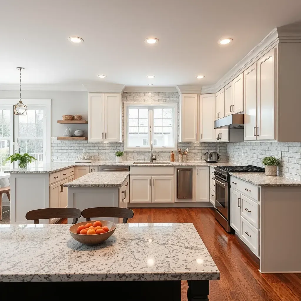 Modern Huntingtown kitchen with neutral cabinetry, granite counters, stainless appliances, hardwood floors, and natural light.