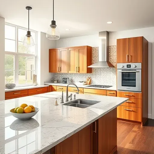 Renovated Pasadena Maryland kitchen with granite countertops stainless steel appliances custom wood cabinets natural light and stylish island