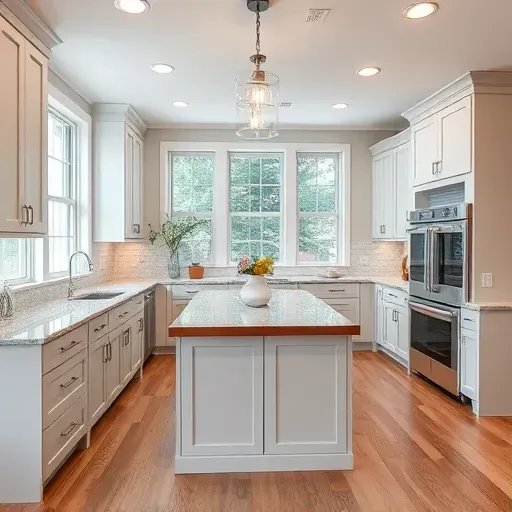 Recently renovated modern kitchen in Gambrills MD featuring granite countertops, stainless steel appliances, wooden island, and natural light.
