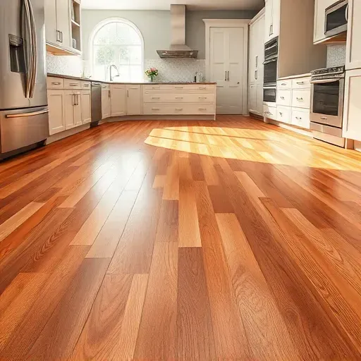 Newly installed polished hardwood kitchen flooring in Pasadena MD with warm tones, sleek cabinetry, stainless steel appliances and natural daylight.