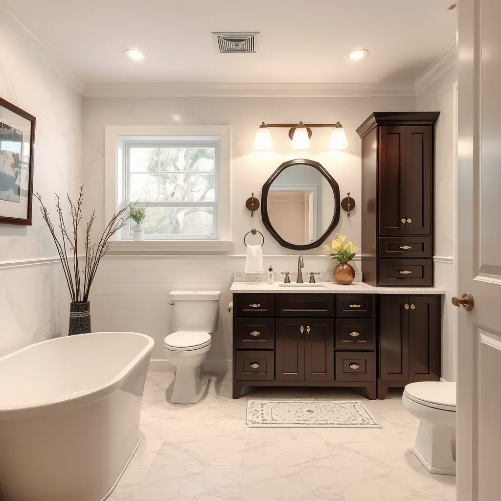 Modern Pasadena, MD bathroom featuring frosted windows, neutral tiles, a soaking tub, walk-in shower, quartz vanity, and coastal style.