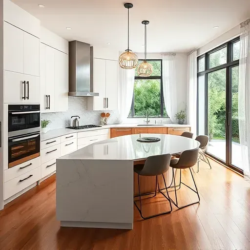 Renovated Parkton MD kitchen with white and wood cabinets, quartz countertops, black hardware, and a large island
