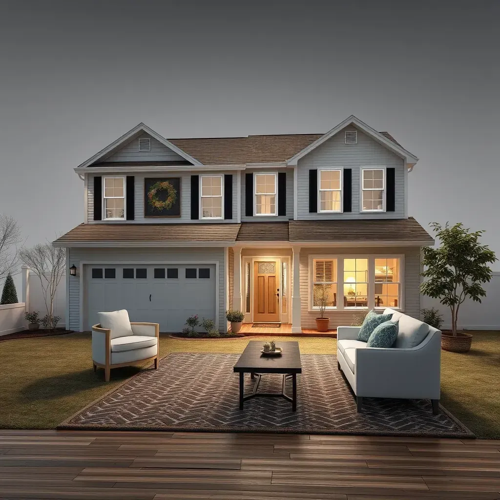 Renovated Millersville, MD home exterior with fresh siding, new windows, manicured lawn, blooming flowers, and ongoing renovation details.