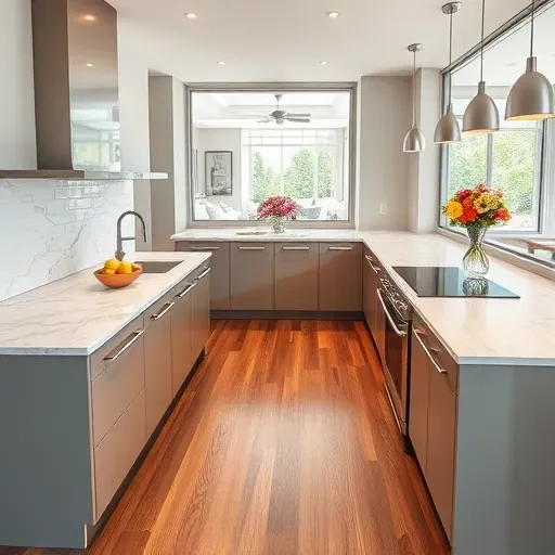 Modern kitchen remodel in Fulton MD with sleek cabinetry, marble island, stainless steel appliances, and natural light.