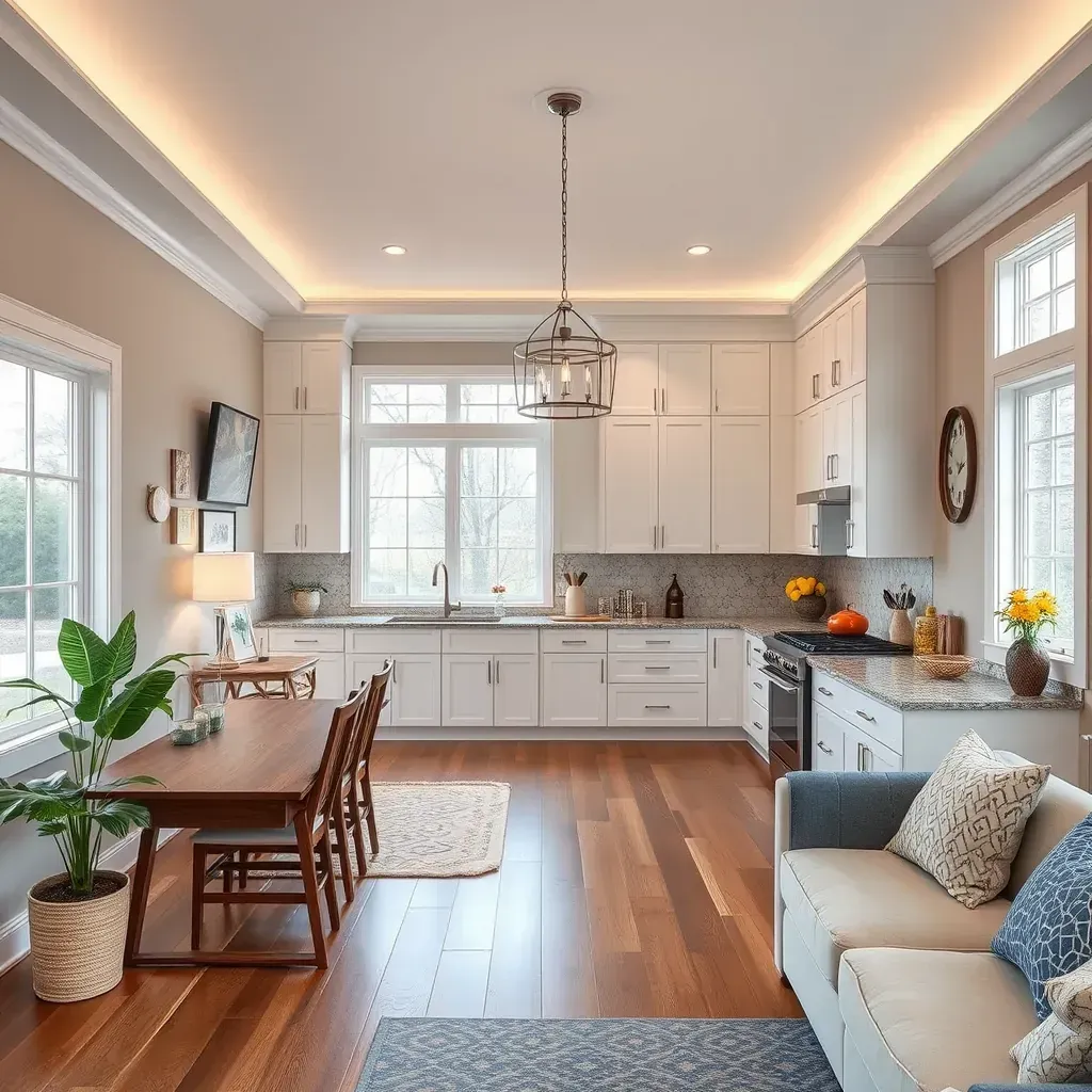 Modern Ellicott City kitchen with white shaker cabinets, marble island, stainless appliances, and natural light.