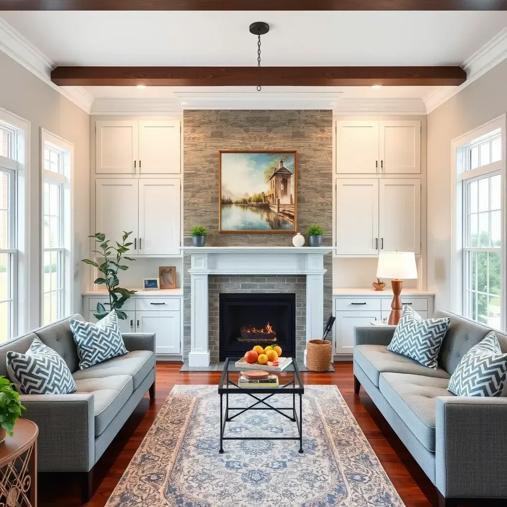 Beautiful renovated Annapolis home with white porch, blue door, lush landscaping, and Chesapeake Bay view.