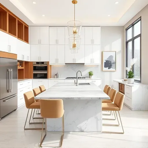 Luxury modern kitchen in Pasadena MD with high-gloss white cabinets marble countertops stainless steel appliances island pendant lighting and open bright layout