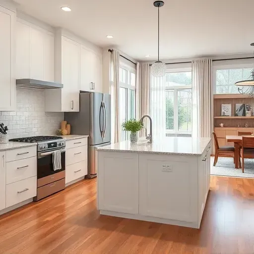 Newly remodeled Pasadena kitchen features modern design with white cabinets, granite island, and stainless steel appliances.
