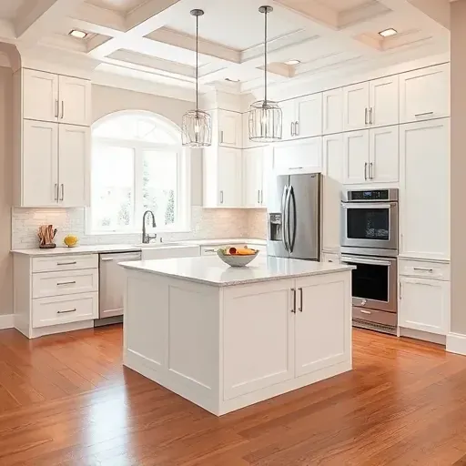 Remodeled Dayton MD kitchen with matte white cabinets quartz island stainless appliances subway backsplash hardwood floor and ample natural light