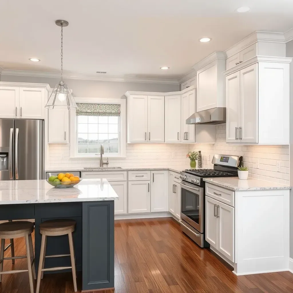 Modern Gibson Island kitchen with sleek cabinetry, quartz countertops, stainless appliances, and hardwood floors.