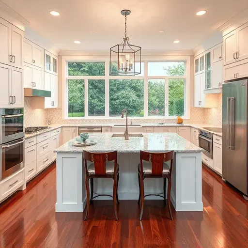 Beautifully remodeled kitchen in Brandywine MD featuring white cabinetry, granite countertops, and stainless steel appliances.