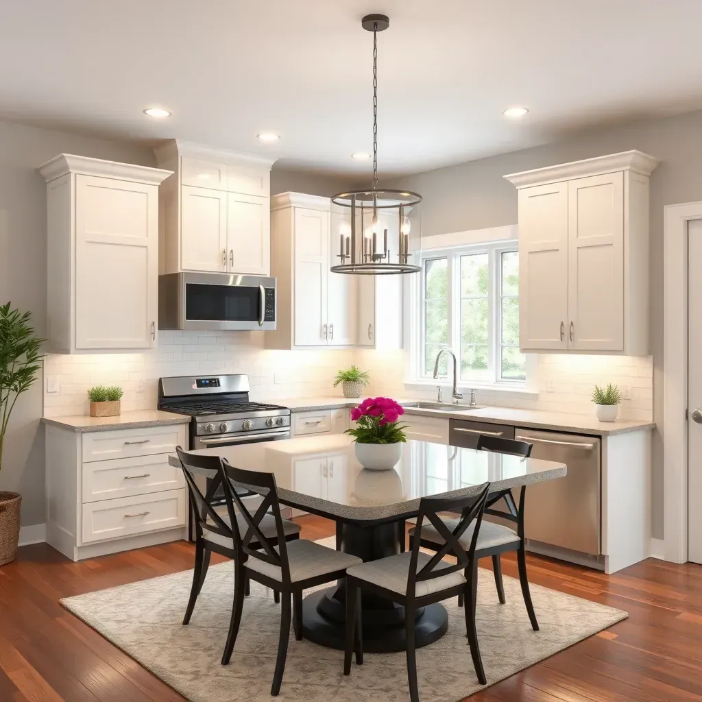 Modern Rockville MD kitchen renovation with new stainless appliances, granite countertops, hardwood floors, and fresh paint.