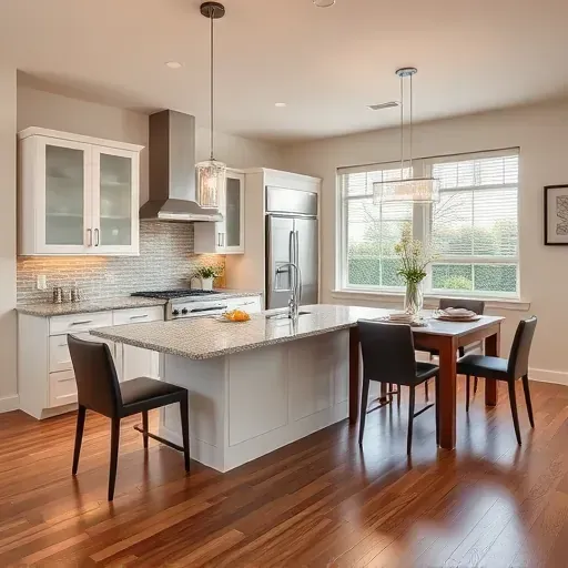 Modern kitchen remodel in Accokeek MD featuring granite countertops, stainless appliances, and elegant dining area decor.