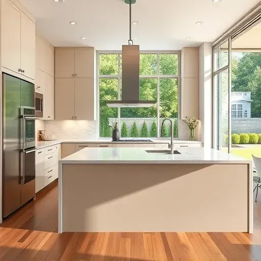 Renovated modern kitchen in Glen Arm MD with matte cabinets stainless steel appliances marble island hardwood floors lush garden views