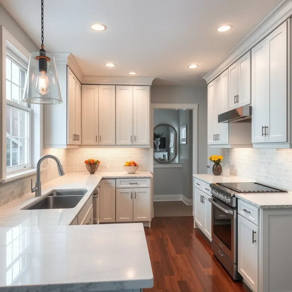 Spacious Annapolis kitchen with navy blue cabinets, quartz countertops, stainless steel appliances, hardwood floors, and harbor views.