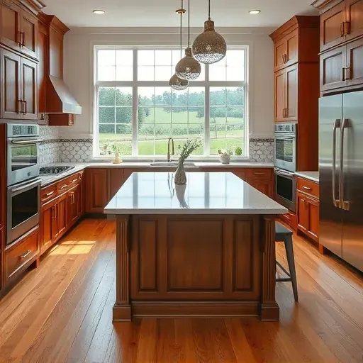 Renovated Myersville MD kitchen with quartz counters stainless appliances custom cabinetry marble island hardwood floors natural light