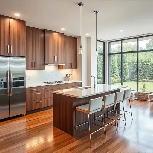 Modern Gaithersburg kitchen with sleek cabinetry, stainless steel appliances, quartz countertops, hardwood floors, and a spacious island