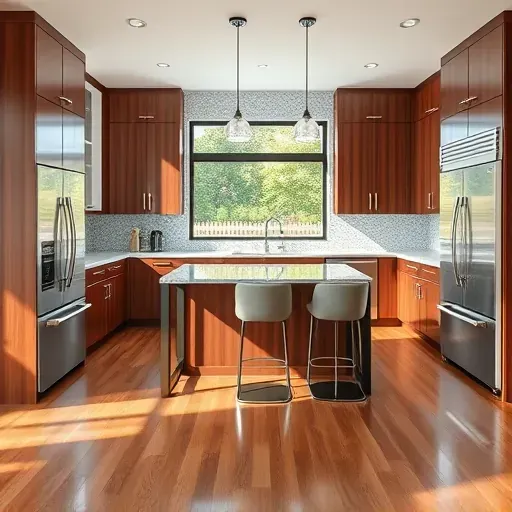 Modern kitchen remodel in Glenel, MD featuring granite countertops, stainless steel appliances, and elegant hardwood floors.