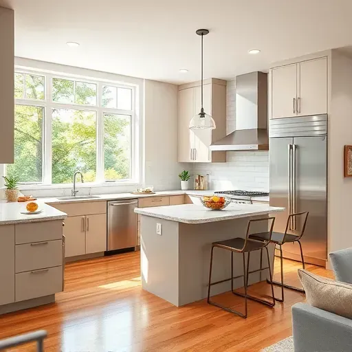 Remodeled Clarksburg MD kitchen with modern matte cabinetry, marble countertops, stainless steel appliances, subway tile backsplash, and hardwood floors