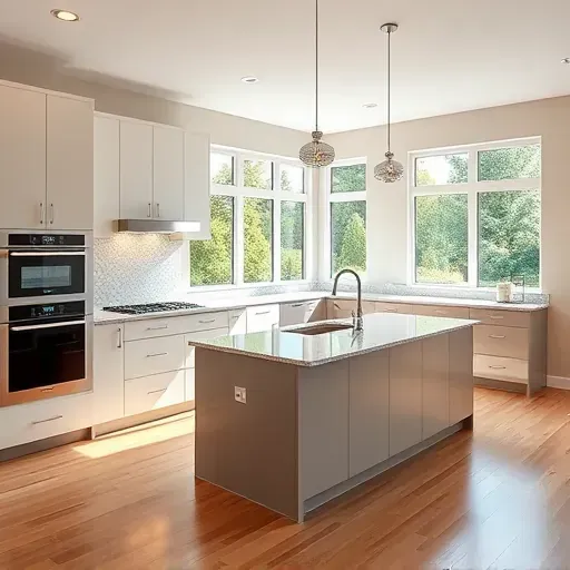 Remodeled Ijamsville Maryland kitchen with modern matte cabinets, granite island, stainless appliances, hardwood floors, and natural light