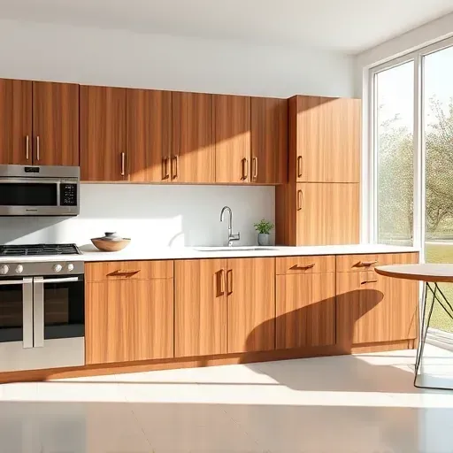 Refinished warm wood kitchen cabinets with smooth finish, natural sunlight, modern decor, and sleek stainless steel appliances