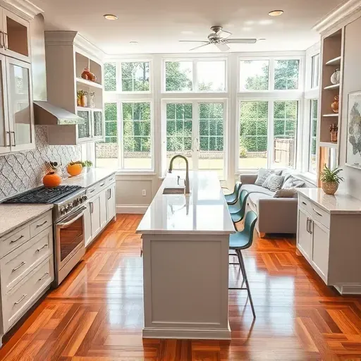 Modern kitchen remodel in Port Republic MD with quartz countertops, stainless steel appliances, and bright garden views.