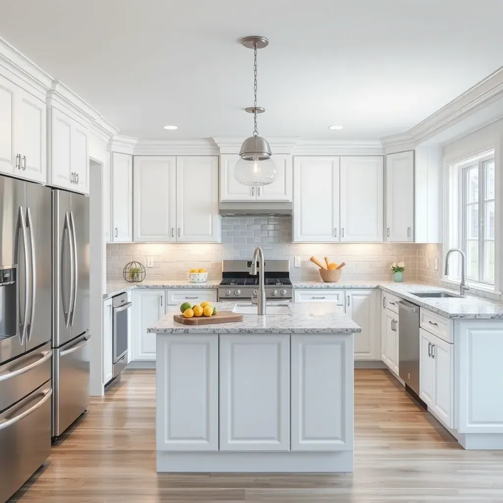 Spacious Glen Arm, MD kitchen with sleek white cabinets, granite countertops, stainless steel appliances, and large windows.