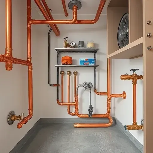 Newly completed plumbing installation in Pasadena MD with polished copper pipes stainless steel fixtures and organized utility room