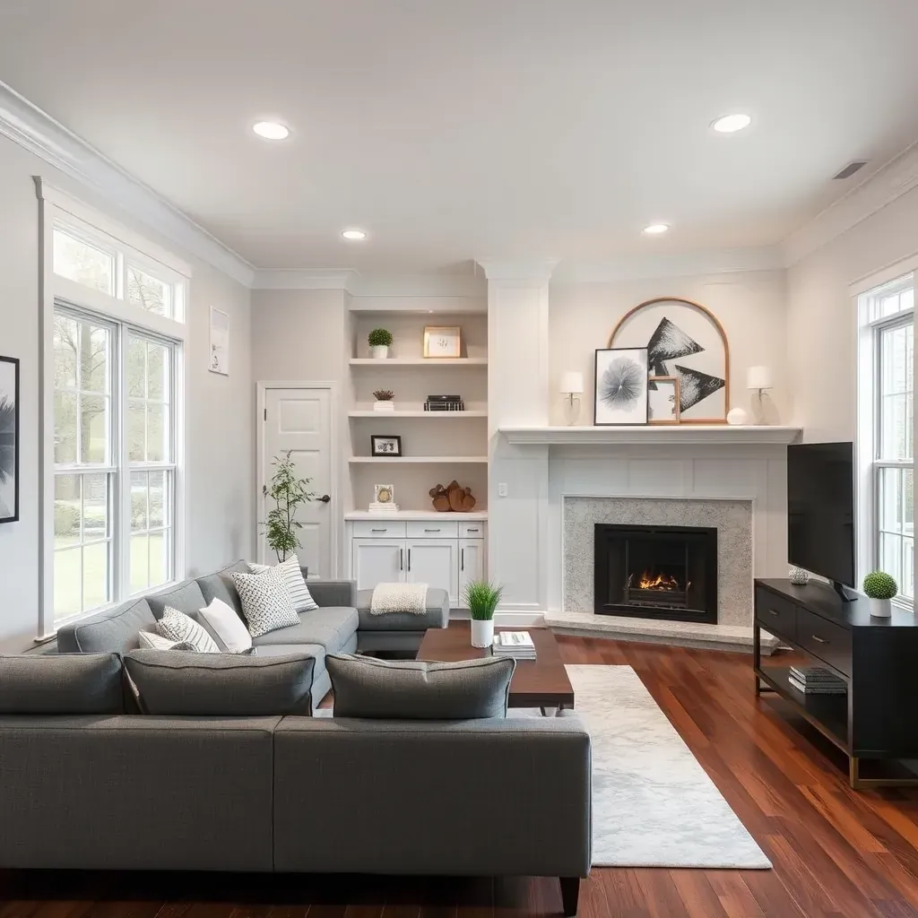 Modern remodeled home interior in Gaithersburg, MD featuring a sleek kitchen, hardwood floors, large windows, and stylish decor.