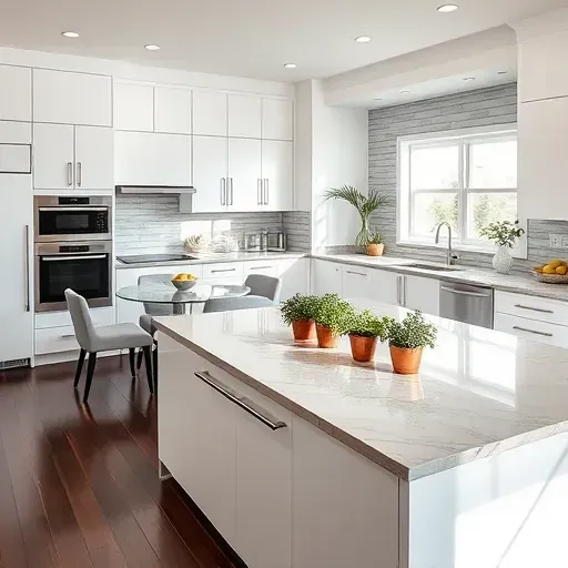 Modern remodeled kitchen in Glen Arm MD features white cabinetry, granite island, and stylish dining area with decor.