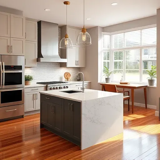 Recently remodeled modern kitchen in Port Republic Maryland with sleek matte cabinets, granite island, stainless steel appliances, textured subway backsplash, hardwood floors, large windows, pendant lights, breakfast nook, and elegant decor
