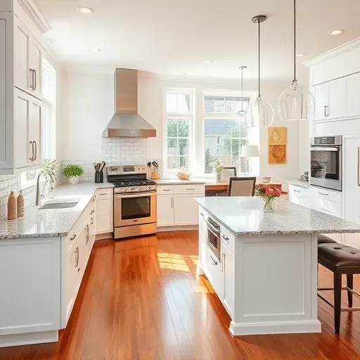 Completed kitchen remodel in White Marsh MD featuring white cabinetry, granite island, stainless steel appliances, and pendant lighting.