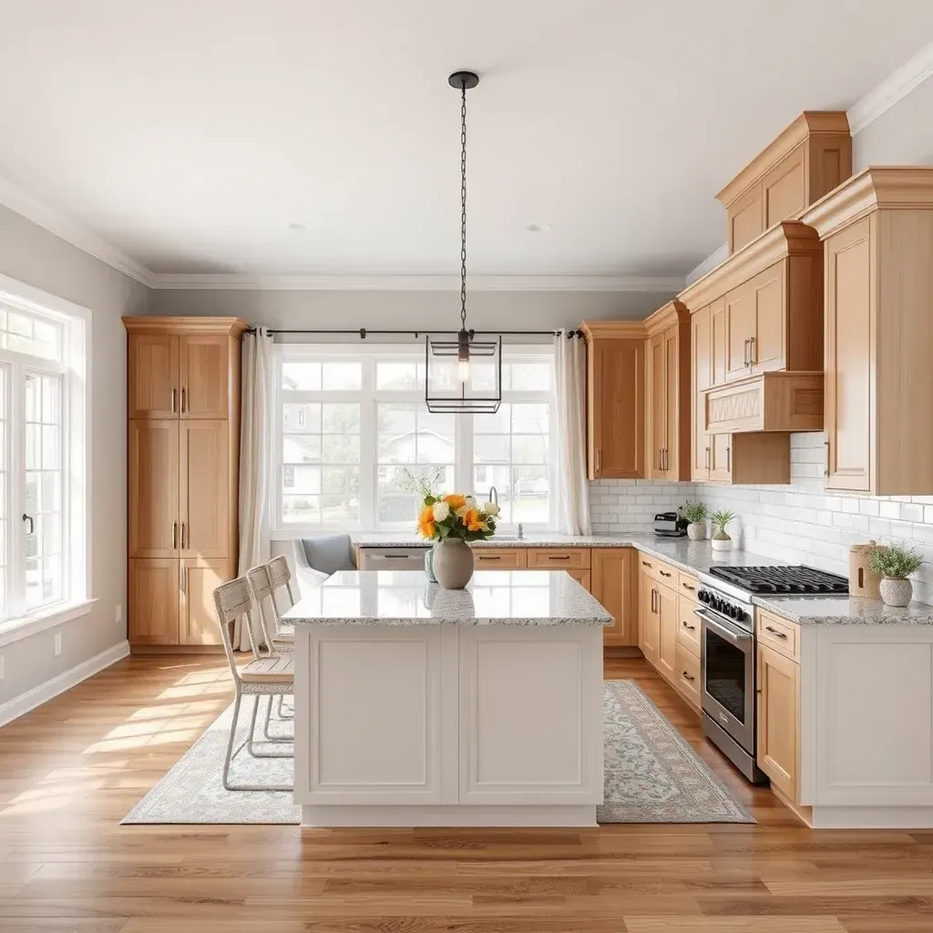 Modern remodeled kitchen in New Market, MD with white shaker cabinets, quartz countertops, large island, stainless appliances, hardwood floors, and natural light.