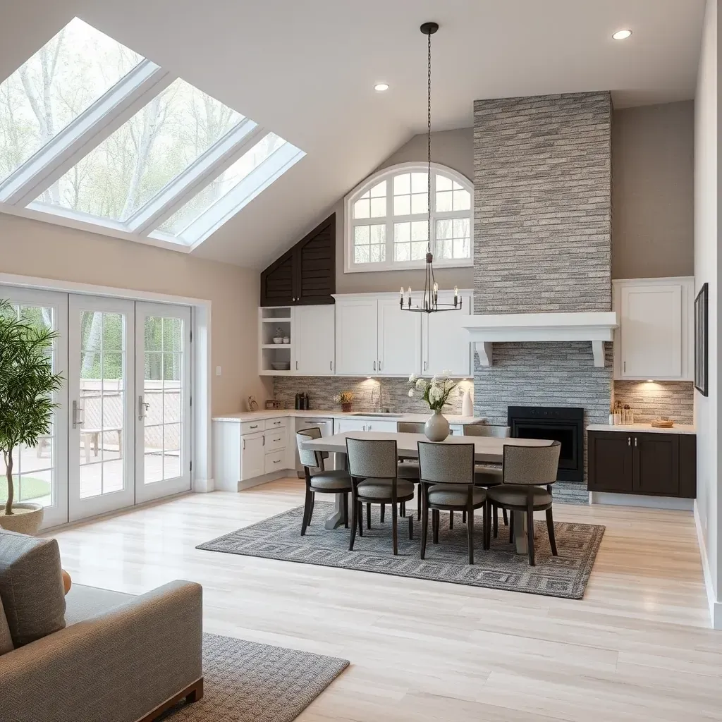 Modern home renovation in Accokeek, MD featuring open living space, hardwood floors, new kitchen, and lush outdoor views.