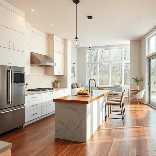 Modern remodeled Ellicott City kitchen with sleek cabinets granite countertops geometric backsplash stainless appliances island hardwood floors easy natural light