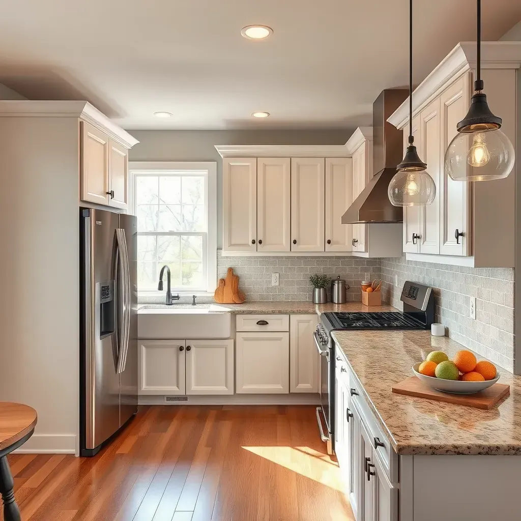 Modern remodeled Mount Airy kitchen featuring white shaker cabinets, quartz countertops, stainless steel appliances, and natural light.