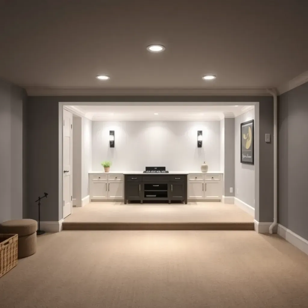 Beautiful basement remodel in Pasadena, MD featuring hardwood floors, modern decor, a cozy seating area, TV, bar, and stylish lighting.