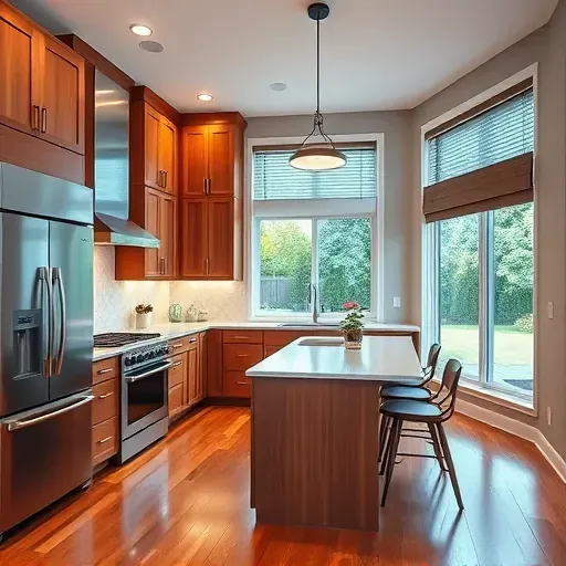 Renovated modern kitchen in West Friendship MD with warm wood cabinets quartz countertops stainless steel appliances and hardwood flooring