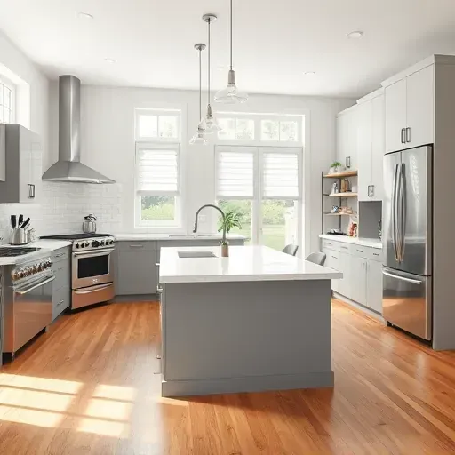 Modern renovated Highland MD kitchen with stainless appliances, marble island, soft-gray cabinetry, hardwood floors, and natural light