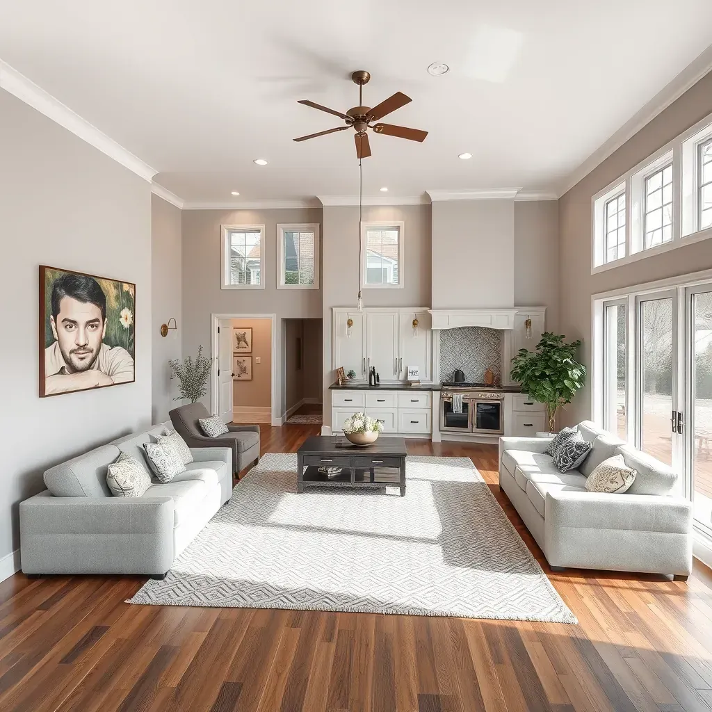 A renovated Highland, MD home interior featuring a stylish living room with new paint, exposed hardwood floors, tools, and construction materials.
