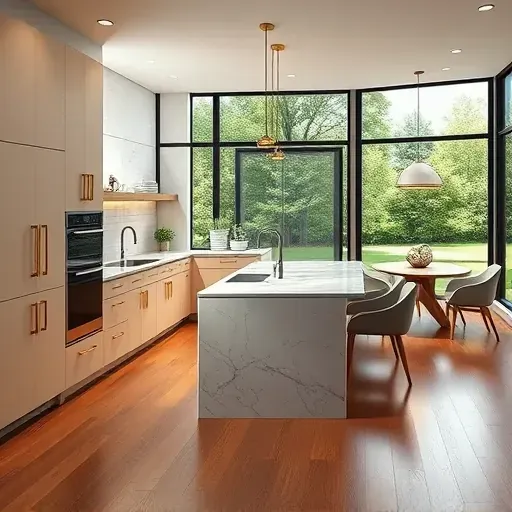 Beautiful renovated Ellicott City kitchen with modern matte cabinetry, gold hardware, quartz countertops, marble island, subway tile backsplash, hardwood flooring, and large windows.