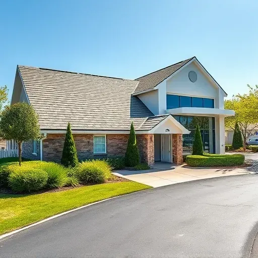 Pasadena MD roofing company exterior showing a finished roof with new shingles, clean building, landscaping, and blue sky
