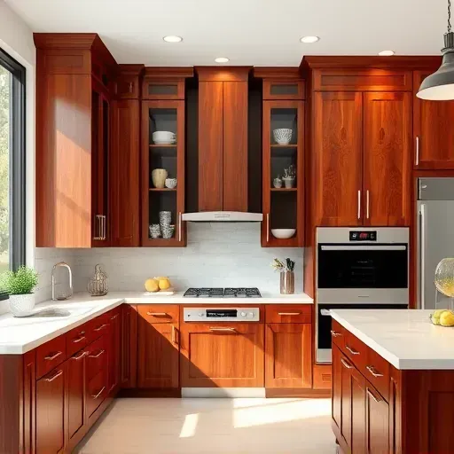 Modern Pasadena kitchen with polished hardwood custom cabinets, glass doors, elegant hardware, and bright natural lighting