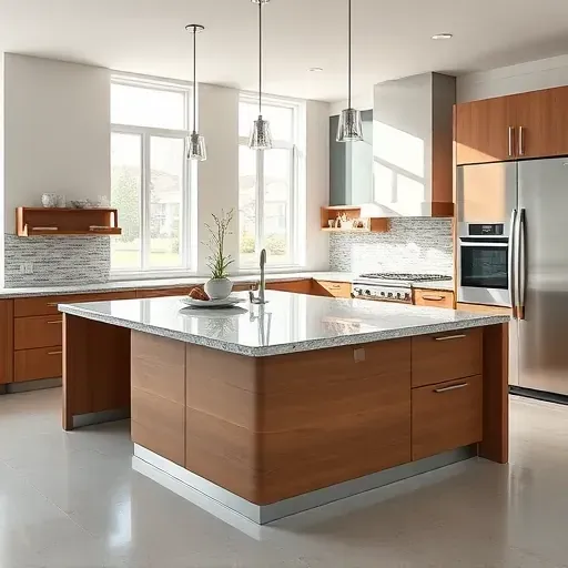 Modern Pasadena kitchen island with granite countertops wooden cabinetry stainless steel appliances and natural light